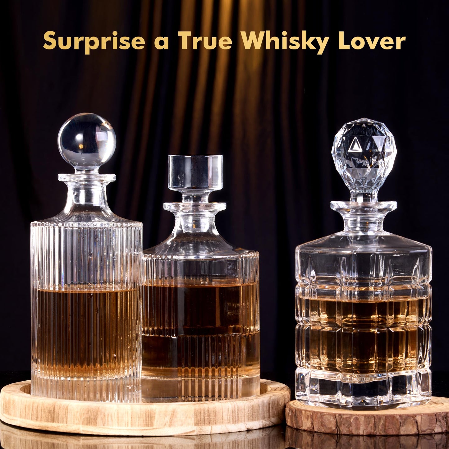 Lily's Home Elegant Glass Whiskey Decanter with Leak-Proof Stopper - Premium Bourbon & Crystal Wine Decanter, Whiskey Bottle, Glass Stopper for Home Bar - 3.80''x10.50'', 27 oz