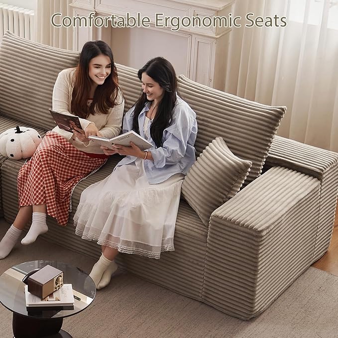 140" Sectional Cloud Couch for Living Room, Modular Floor Deep-Seat Sofa, Big Comfy Corduroy Couches Set with Fluffy Memory Foam, Stupendous U Shaped Sofas, No Assembly Required, Camel