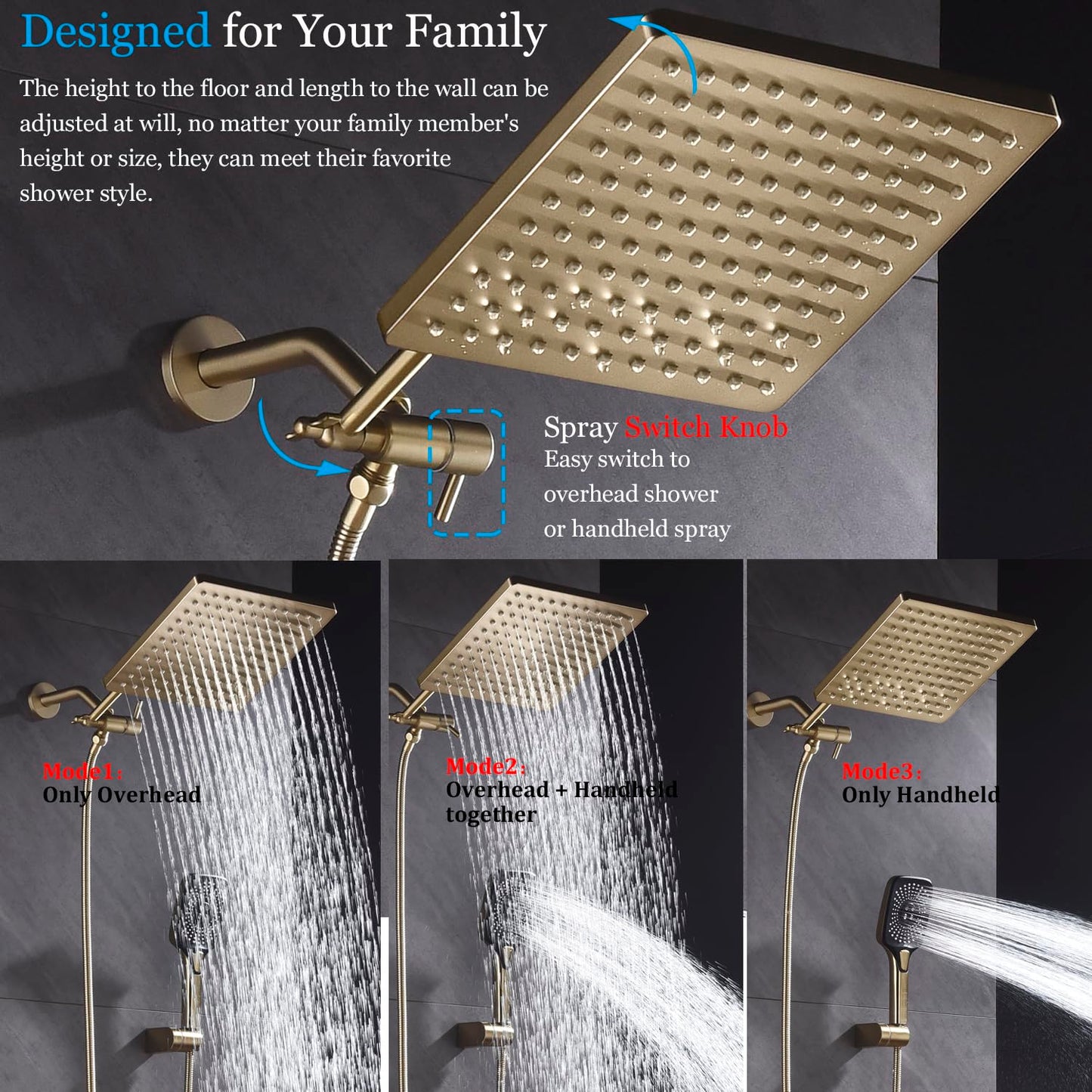 SUNZOE Shower Faucet Set with Tub Spout Brushed Gold 10 Inch Rainfall Shower 4 Setting Spray Mixer Shower System Modern Luxury Wall Mounted Tub Shower Faucet Set Rough-in Valve Body (Brushed Gold)