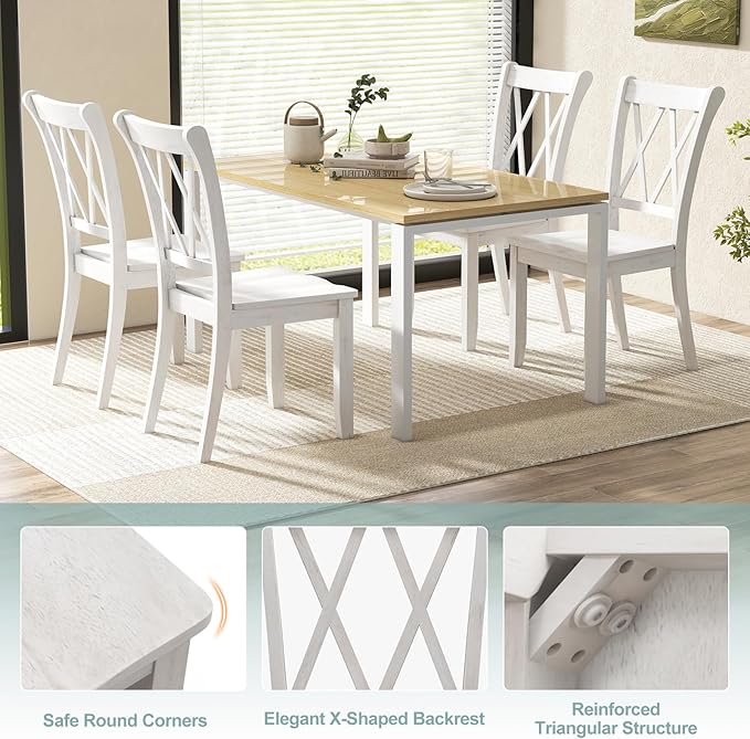 Giantex Wood Dining Chairs Set of 4 White, Rustic Armless Kitchen Chairs w/Rubber Wood Frame, Cross Back, Contoured Seat, Farmhouse Wooden Side Chairs, High Back Kitchen Chairs for Home Dining Room
