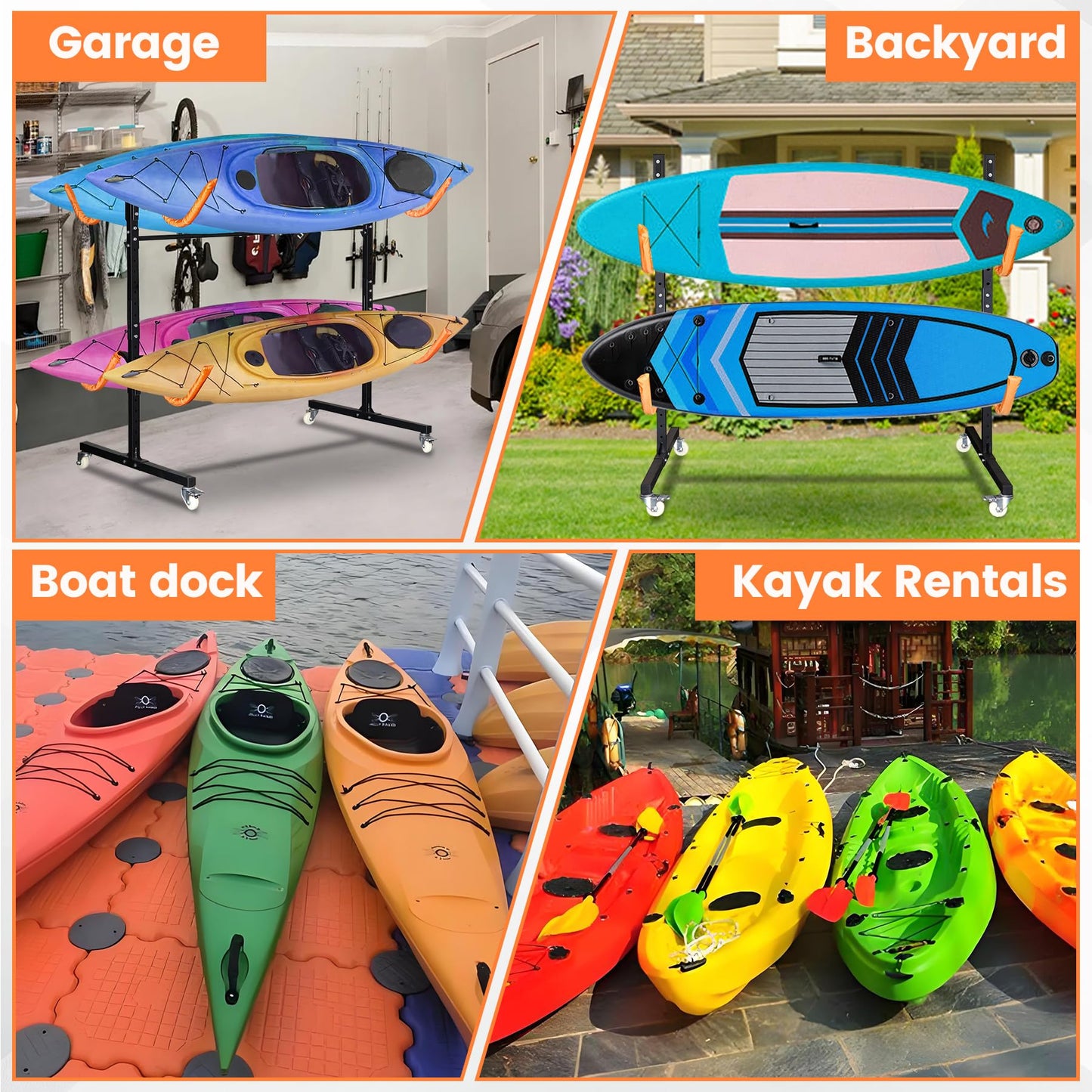 Neorexon Freestanding Kayak Storage Rack, Kayak Racks for Outdoor Storage 4 Kayak, Kayak Stand Heavy Duty Storage for Kayaks, Canoes, SUP and Surfboards