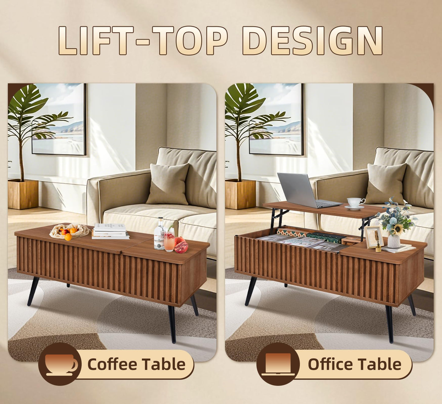 ZYBT Fluted Lift Top Coffee Table, 37.4" Wood Rustic Coffee Tables Square Center Table with Storage and Shelf Lifting Top for Living Room Apartment (Brown)