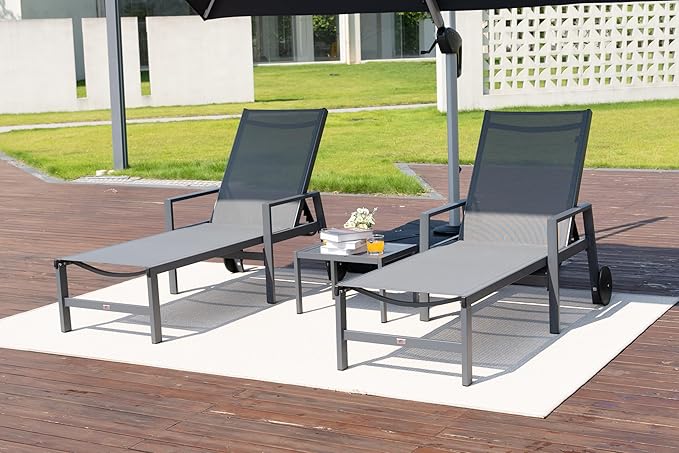 PURPLE LEAF Modern Charcoal Grey Patio Chaise Lounge Set for 2 with Adjustable Pool Chaise Lounge Chair and Table Included