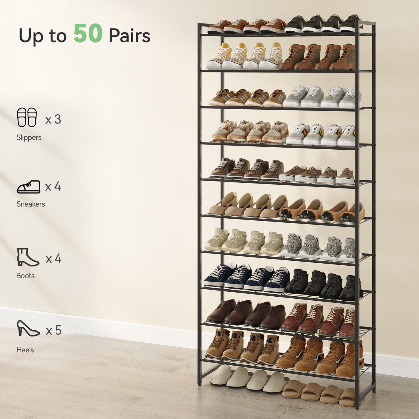 Nunsino Shoe Rack, Metal Shoe Organizer, 10 Tier Garage Shoe Rack Max Holds 50 Pairs,Shoe Storage Shelf for Closet,Entryway, Black