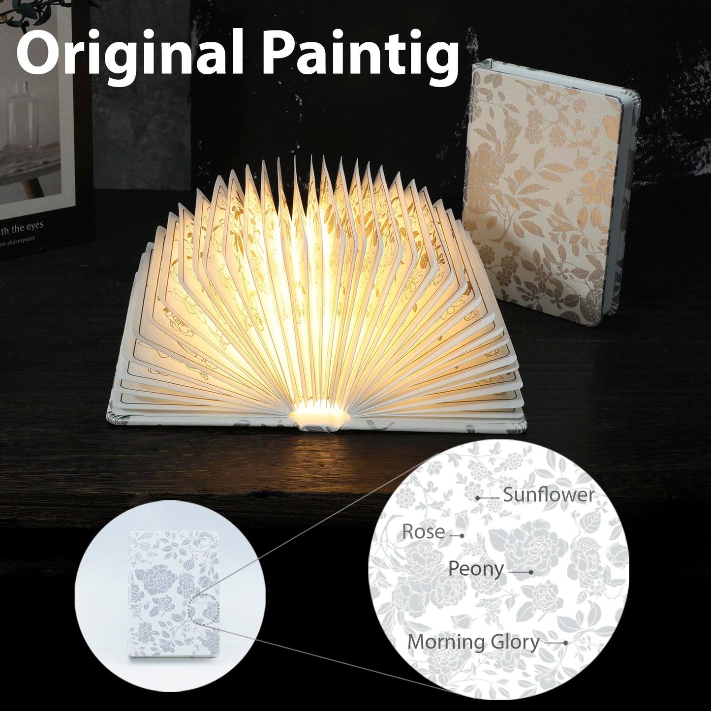 ZBOLE Floral Print Book Light,3-Color Book Lamp Book Lovers Gifts | 1200mAh Portable Foldable Paper Desk Lamp | Night Reading Bookshelf Lamp, Gifts for Women Birthday Ambient Lighting(White Silver)