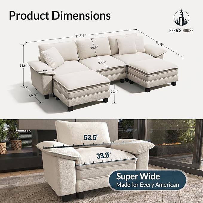 HERA'S HOUSE 124" Modular Sectional Sofa, Oversized U Shaped Couches for Living Room, Comfy Cloud Couch with Ottoman, 5-Seater Deep Seat Sofa with Throw Pillow, Chenille Beige