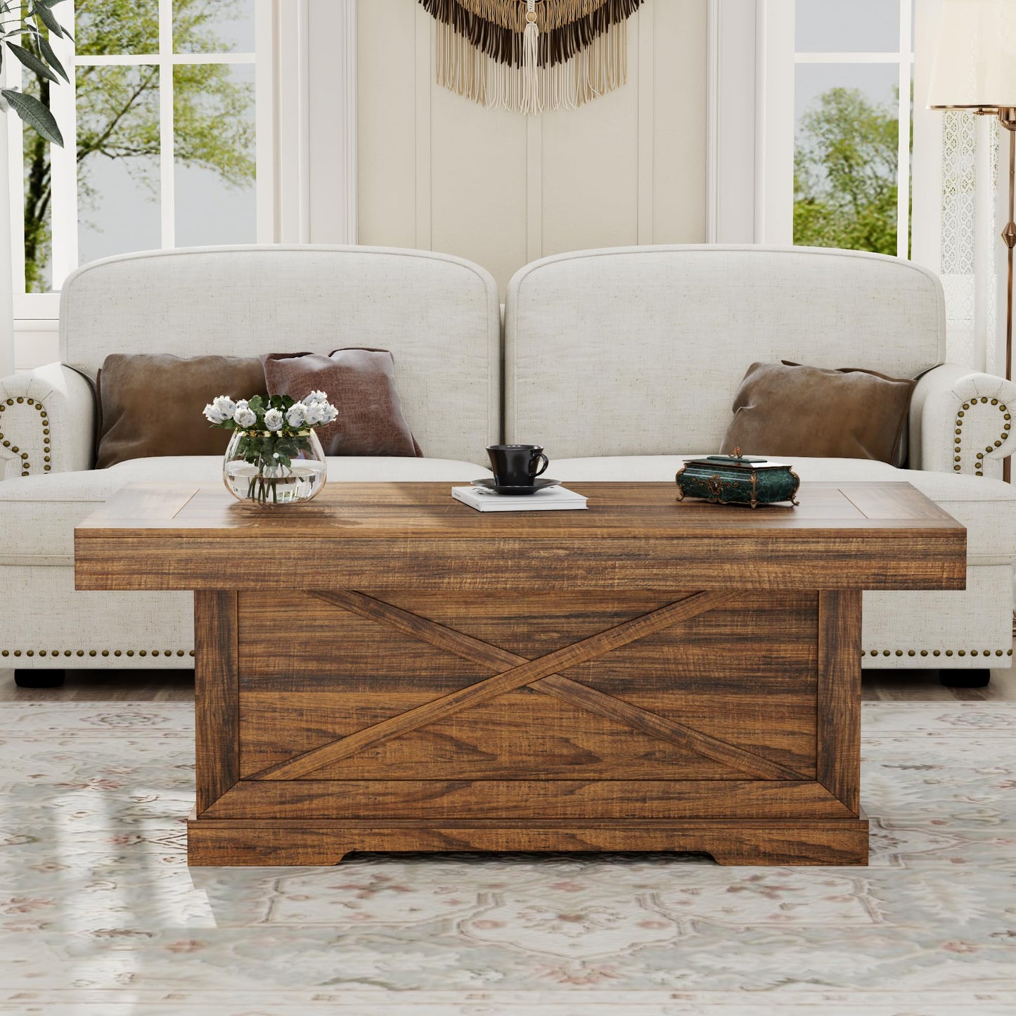 Lareth Coffee Table 39 in Rustic Center Table with X-Design Wooden Pedestal for Living Room, Space Saving, Easy Assembly Rectangle Home Office Tea Accent Table for Dining Room Apartment, Walnut