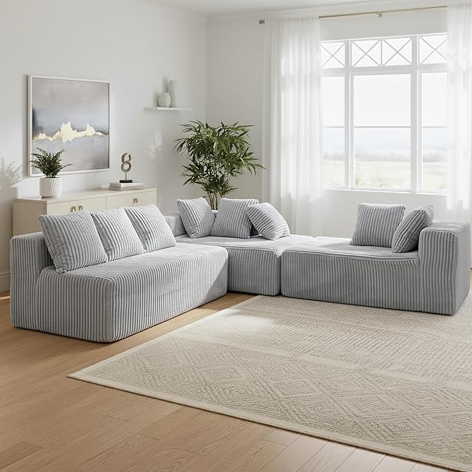 SEENYOO 130" Boneless Couch, Cloud Couch Sectional, Corduroy Sofa for Living Room, U Shaped Modular Sofa with Chaise, No Assembly, 4 Seats Oversized (Grey)