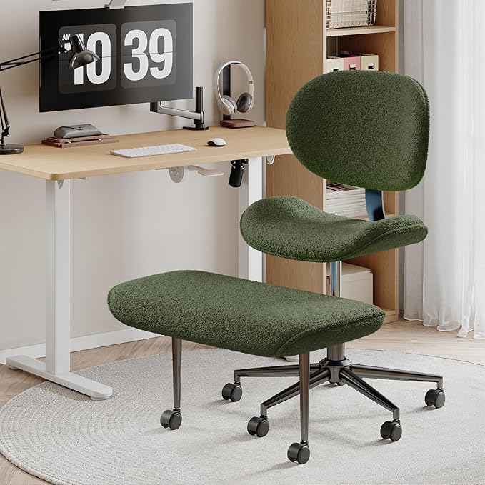 Cross Legged Office Chair with Wheels for ADHD, Ergonomic 360° Swivel Height-Adjustable Meditation Chair for Yoga, Wide Kneeling Chair with Strong Lumbar Support, Teddy Fabric, Green