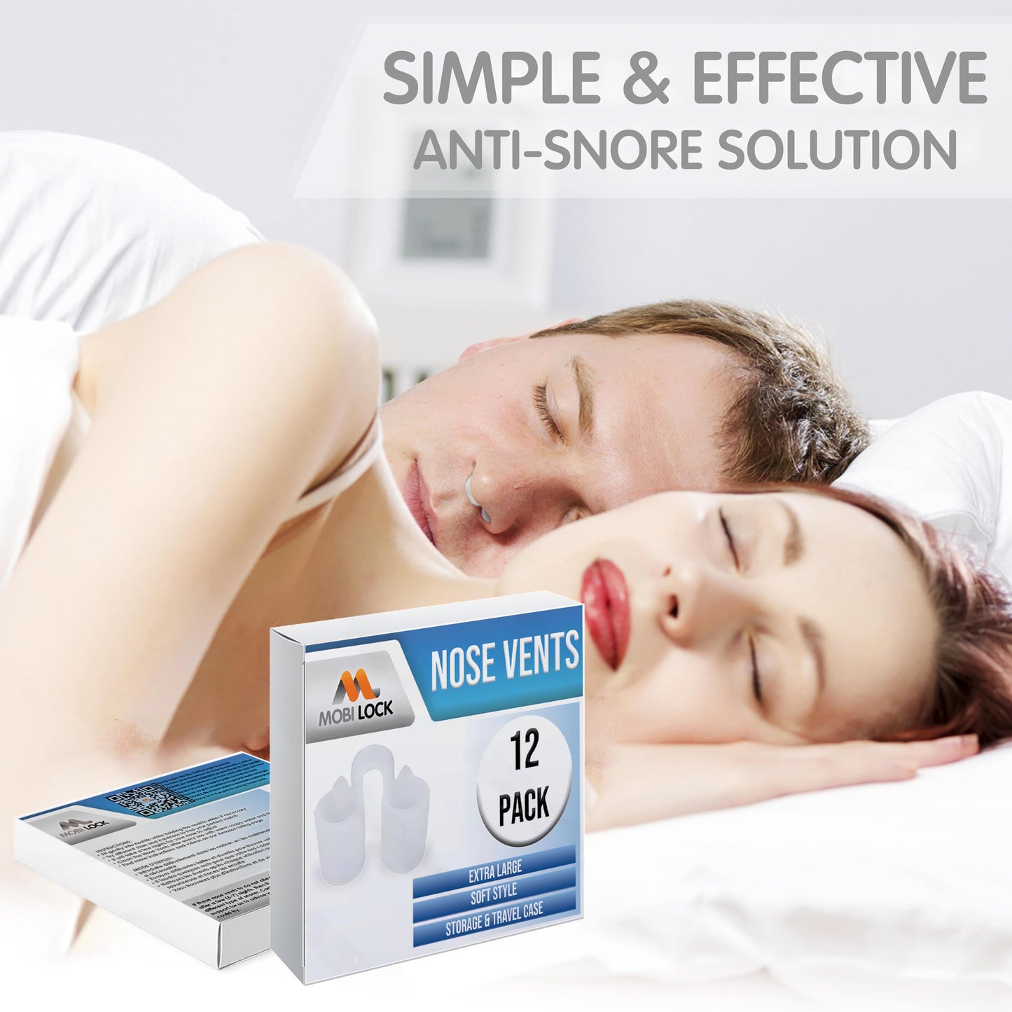 Nose Vent Sinus Relief Dilator (Pack of 12 XL Size) Soft Vents - A Simple Solution for Nasal Snorers - Reusable Snoring Device to enjoy a peaceful night's sleep - by Mobi Lock