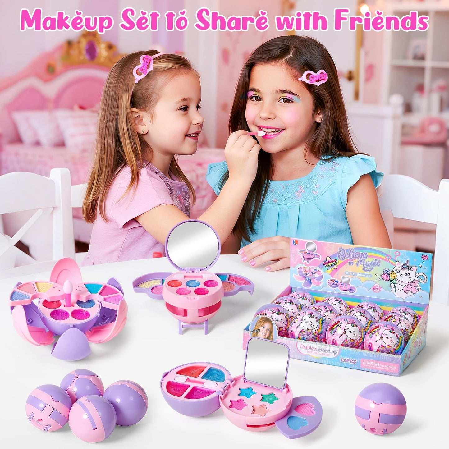 Cleboen 12 Pack Kids Makeup Blind Ball Party Favors - Surprise Cosmetic Blind Balls with Lip Gloss, Eyeshadow & Sponge Blusher (3 Styles, 2 with Mirrors), Party Favors Supplies Gifts for Girls