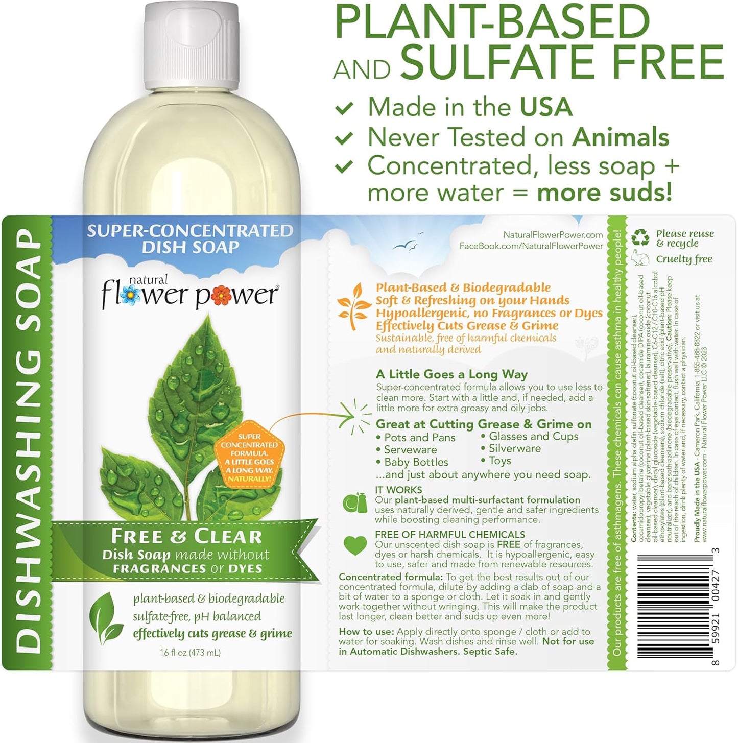 Natural Flower Power Liquid Dish Soap – Free & Clear (Unscented) – Plant-Based & Scented w/ Pure Essential Oils – Natural Dishwashing Detergent – Sulfate-Free Kitchen Soap – Vegan (16 Fl Oz 3 Pack)