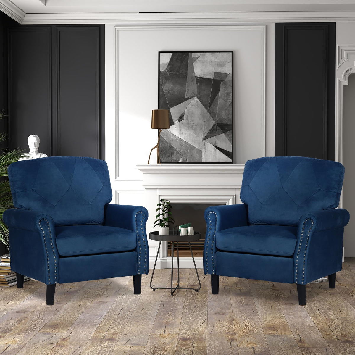HXZDZ Accent Chairs for Living Room, Set of 2 Mid-Century Modern Upholstered Armchairs, Comfy Velvet Chair w/Wood Legs & Nailhead Trim, Wingback Chair for Bedroom, Blue