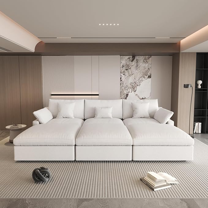 Could Couch Modular Sectional Sofa with Ottoman,Down Filled 120inch U Shaped Couch,Convertible Sofa Bed Living Room Set,6 Seat Sleeper Couched Bed, Cover Washable and Replaceable,White