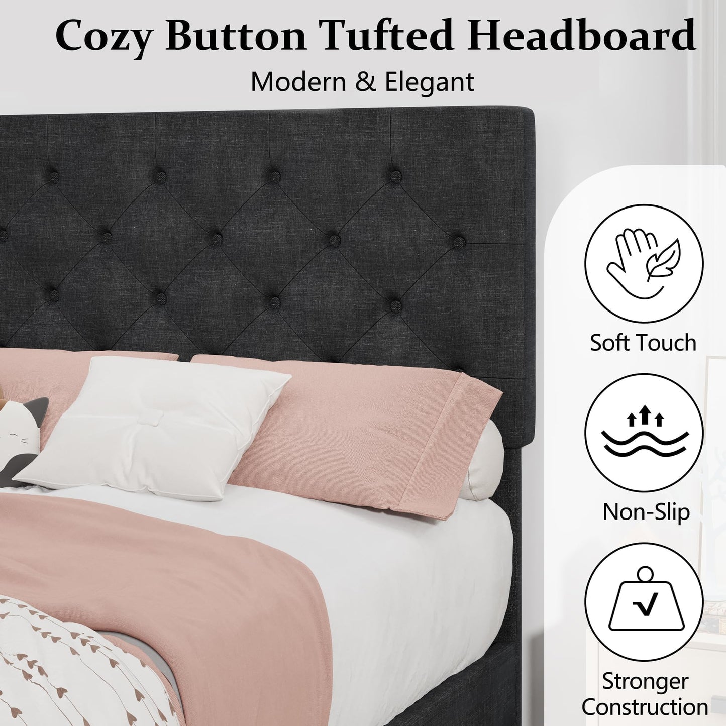 Twin Bed Frame, Upholstered Platform Bed with Button Tufted Headboard, Fabric Bed Frame with Wooden Slats Support, No Box Spring Required, Easy Assembly, Dark Grey