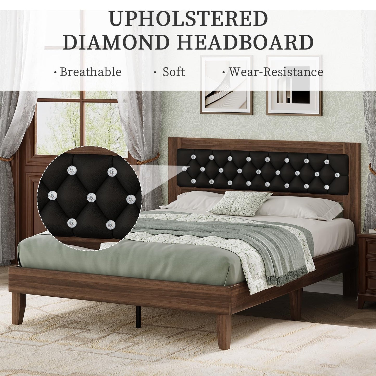 Queen Size Bed Frame, Wooden Platform Bed with Diamond Tufted Headboard, PU Upholstered Bed Frame, Wood Slat Support, No Box Spring Needed, Easy Assembly, Walnut