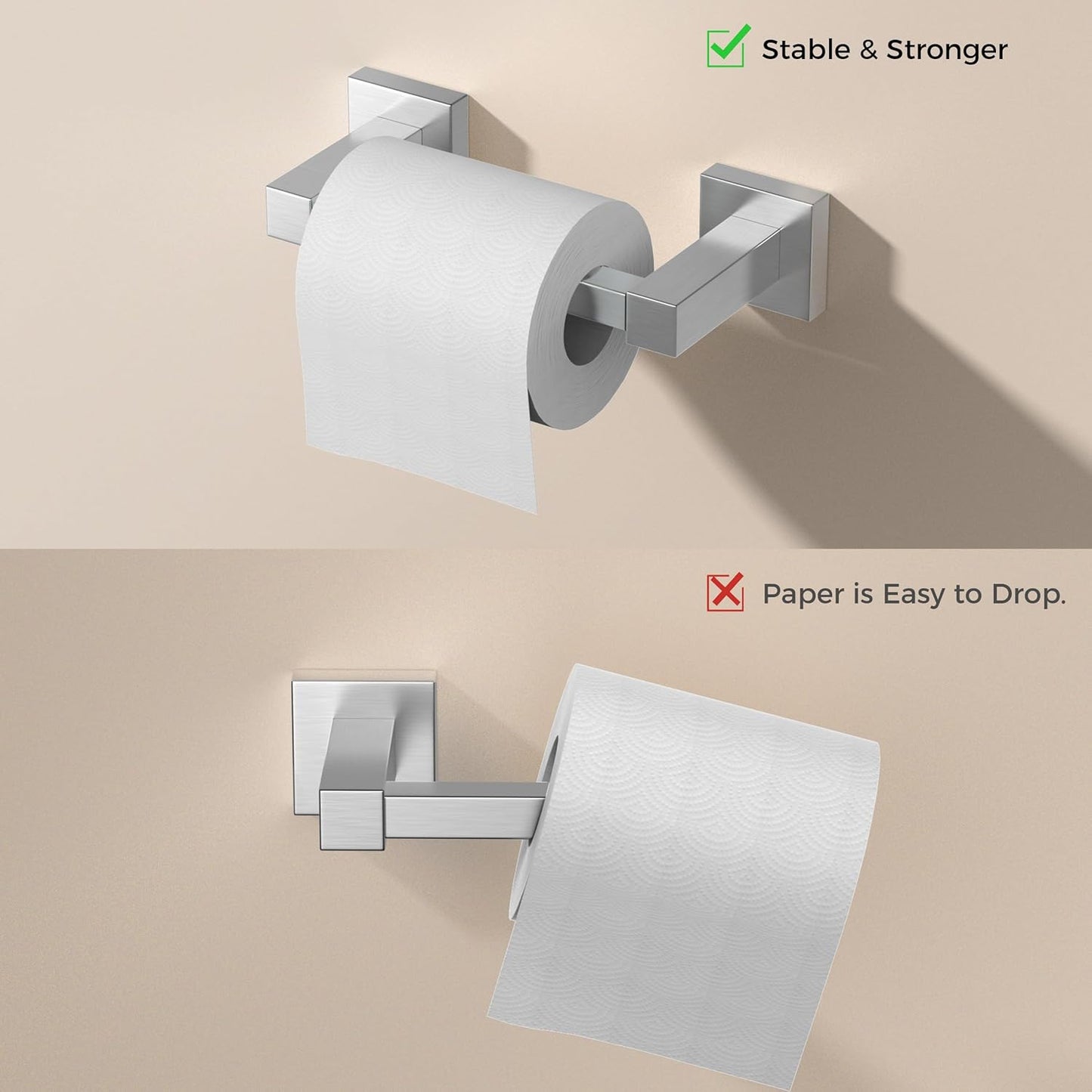FORIOUS Toilet Paper Holder Set Wall Mount, SUS 304 Stainless Steel Pivoting Toilet Paper Holder and Towel Ring, Hand Towel Holder Set for Bathroom, Square Bathroom Hardware Set, Brushed Nickel