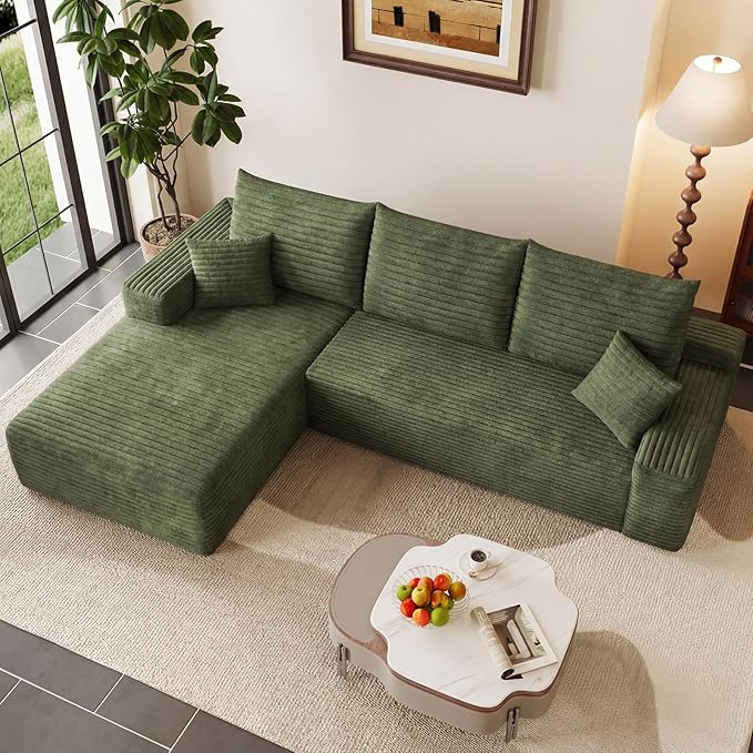 95" Cloud Sectional Couch with L-Shape Chaise, Modern Corduroy Boneless Couch for Living Room,Memory Foam Sofa with Deep Seat,No Assembly Required (Green,Left-Facing Chaise)