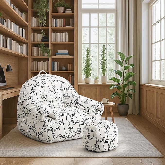 Peace nest Bean Bag Chair with Memory Foam Filled Ultra Soft Jacquard Pattern Cover for Adults Comfy Fur Bean Bag Chairs with Armrests Ottoman for Bedroom Living Room Office Dorm Reading Goddesses