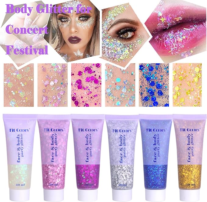 Body Glitter Face Glitter Gel: Singer Concerts Disco Festival Rave Accessories Face Glitter Makeup Chunky Sequins Mermaid Face Body Hair Glitter Gel (2 Mixed Colors)