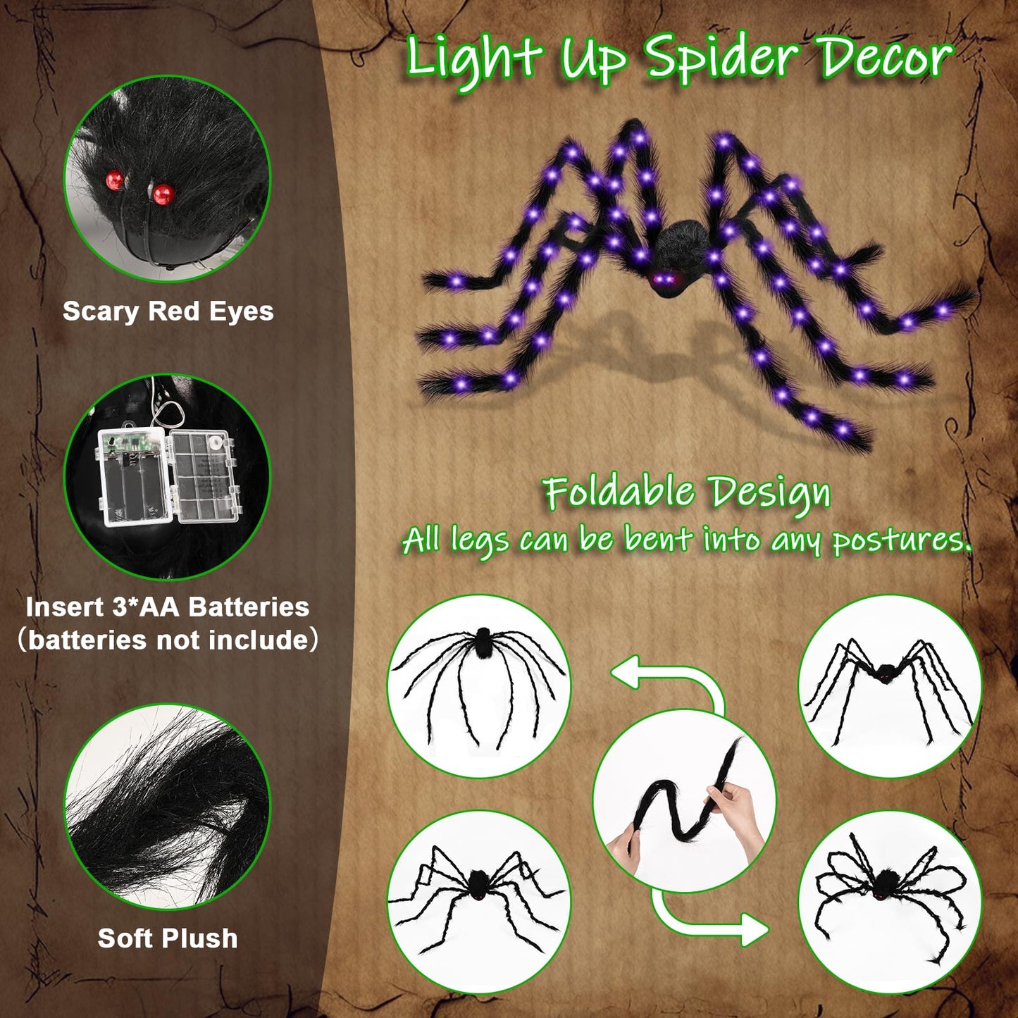 Yinhua Lighted Halloween Decorations 78" Giant Light Up Spider Halloween Decor 700 Sqft Super Stretchy Spider Web Decoration with 30 Extra Small Fake Spiders Large Cobwebs for Indoor and Outdoor