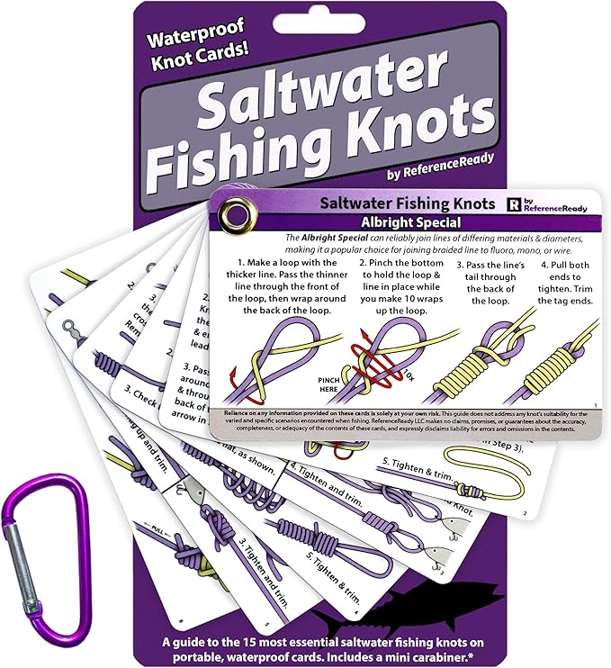 ReferenceReady Saltwater Fishing Knot Cards - Waterproof Pocket Guide to 15 Big Game Fishing Knots | Includes Portable Boo...