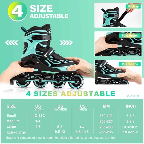 2PM SPORTS Vinal Girls Adjustable Flashing Inline Skates, All Wheels Light Up, Fun Illuminating Skates for Kids Women and Men - Mint Medium