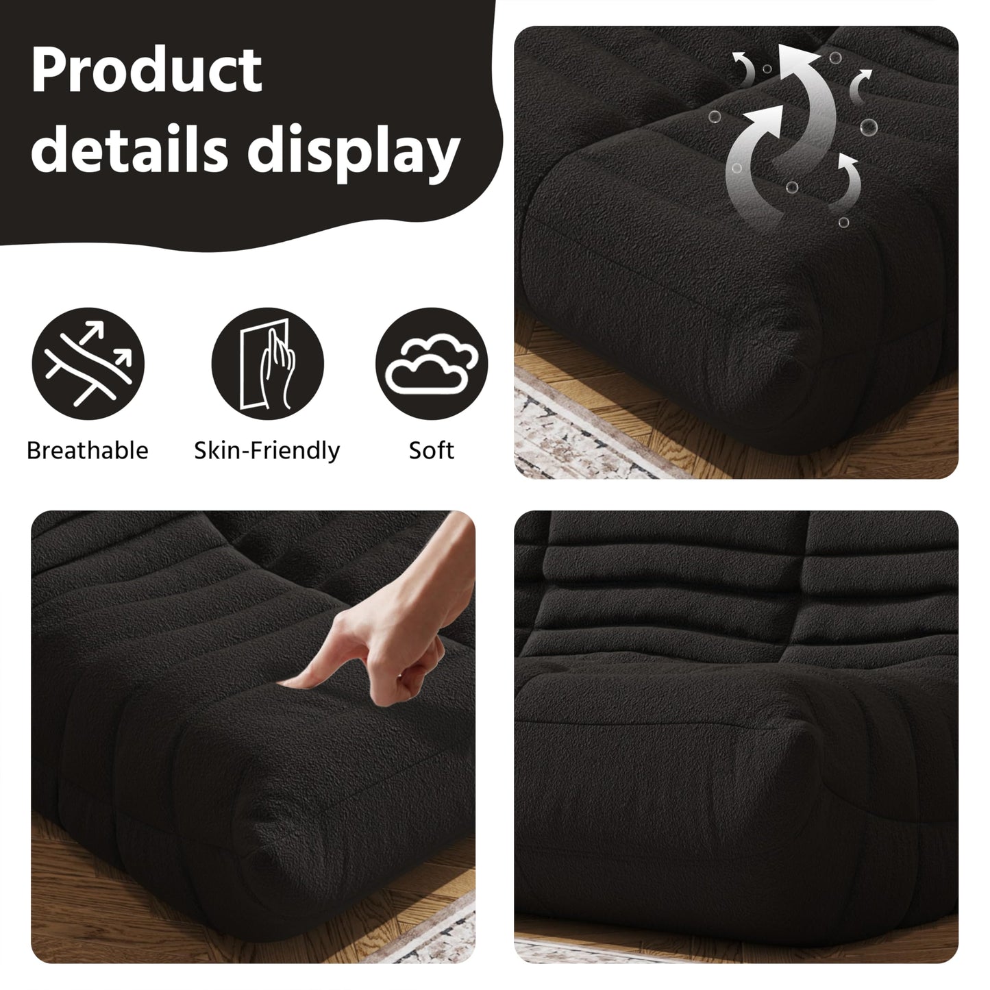 Bean Bag Chair, Fireside Chair, Large Bean Bag Chair for Adults, Bean Bag Chairs for Teens with High-Resilience Foam, Non-Slip Base Floor Lounge Sofa,Living Room (Black, Loveseat)