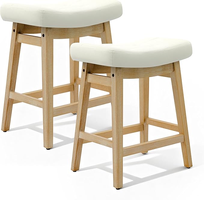 RNKSFX Counter Height Bar Stools Set of 2 for Kitchen Counter Backless Farmhouse Kitchen Island Barstools with Upholstered Faux Leather Saddle Seat and Solid Wood Legs Modern 24 inch Bar Chairs, White