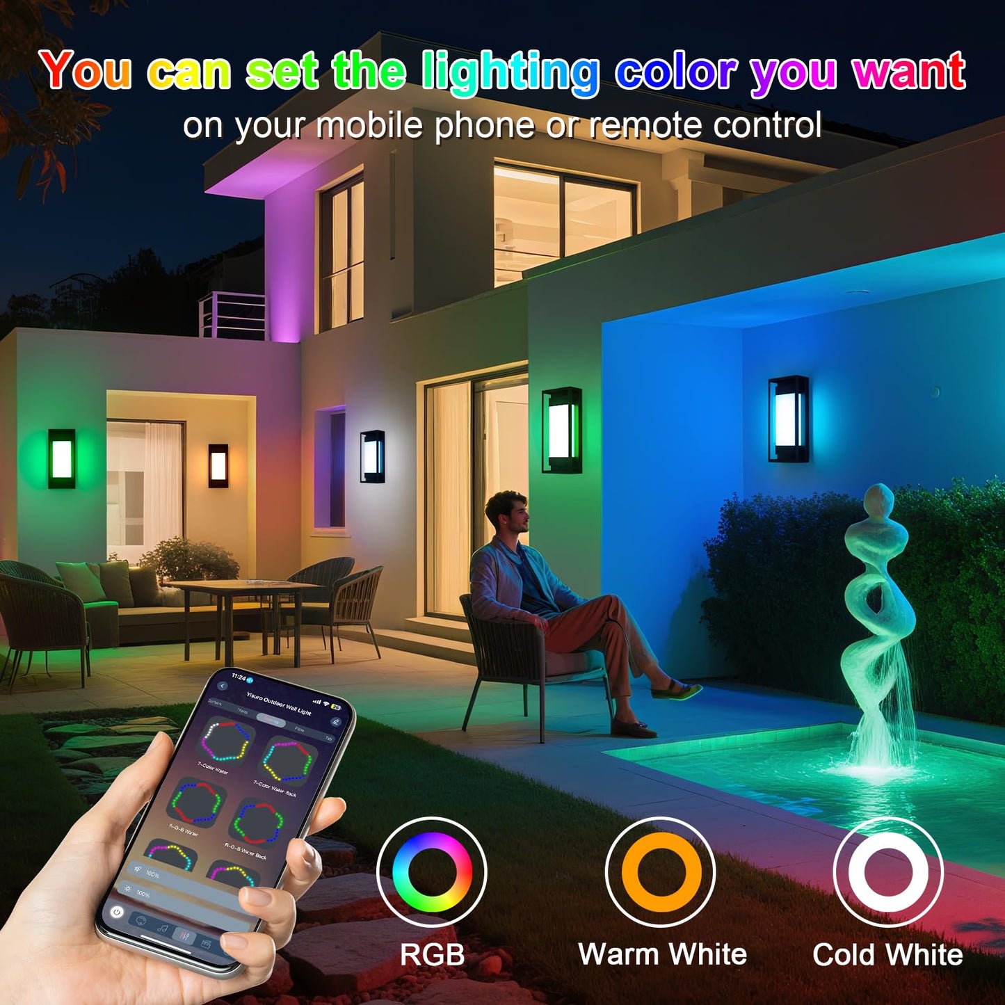 Yisuro Outdoor Wall Light, Smart RGB Porch Lights Outdoor, LED Exterior Lighting Sconce, IP65 Waterproof, DIY Lighting 2 Pack