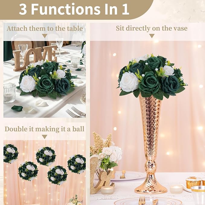 NUPTIO Green Flower Ball Centerpieces: 6 Pcs Artificial Rose Arrangements for Wedding Party Tables Decorations - Fake Silk Floral Kissing Balls for Home St Patrick's Day Christmas Event Dining