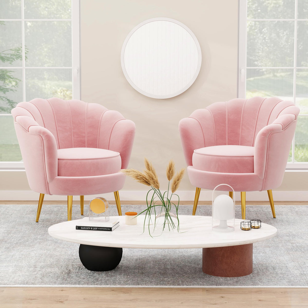 DAGONHIL Mid Century Modern Upholstered Accent Chair,Petal Vanity Chair,Retro Leisure Velvet Single Sofa with Golden Metal Legs for Living Room/Bedroom(Light Pink)