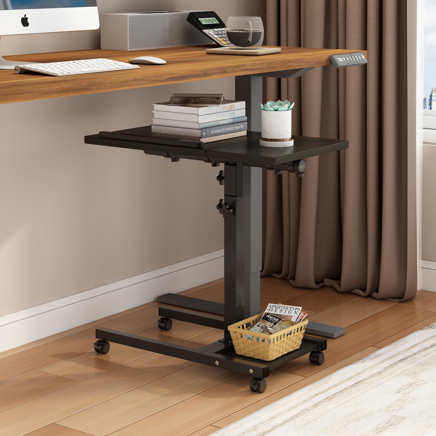 Laptop Desk Stand for Bed Portable Desk Overbed Bedside Table Mobile Rolling Foldable Table Adjustable Height with Locked Wheels & Mouse Pad Office Sofa