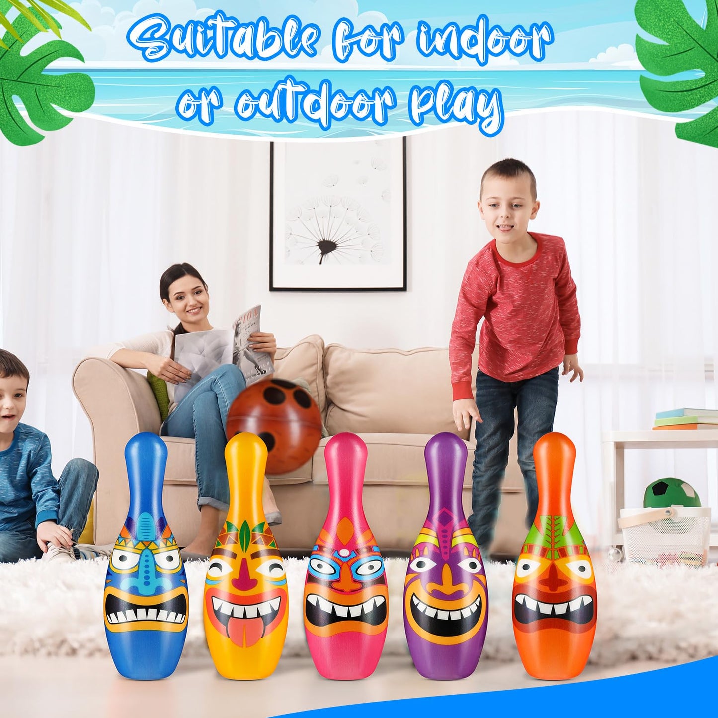 Harrycle 12 Pcs Luau Party Games for Kids Toddlers Adults Summer Tropical Hawaiian Bowling Set 10 Tiki Pins and 2 Cocout Balls Birthday Gifts for Yard Lawn Backyard Indoor Outdoor