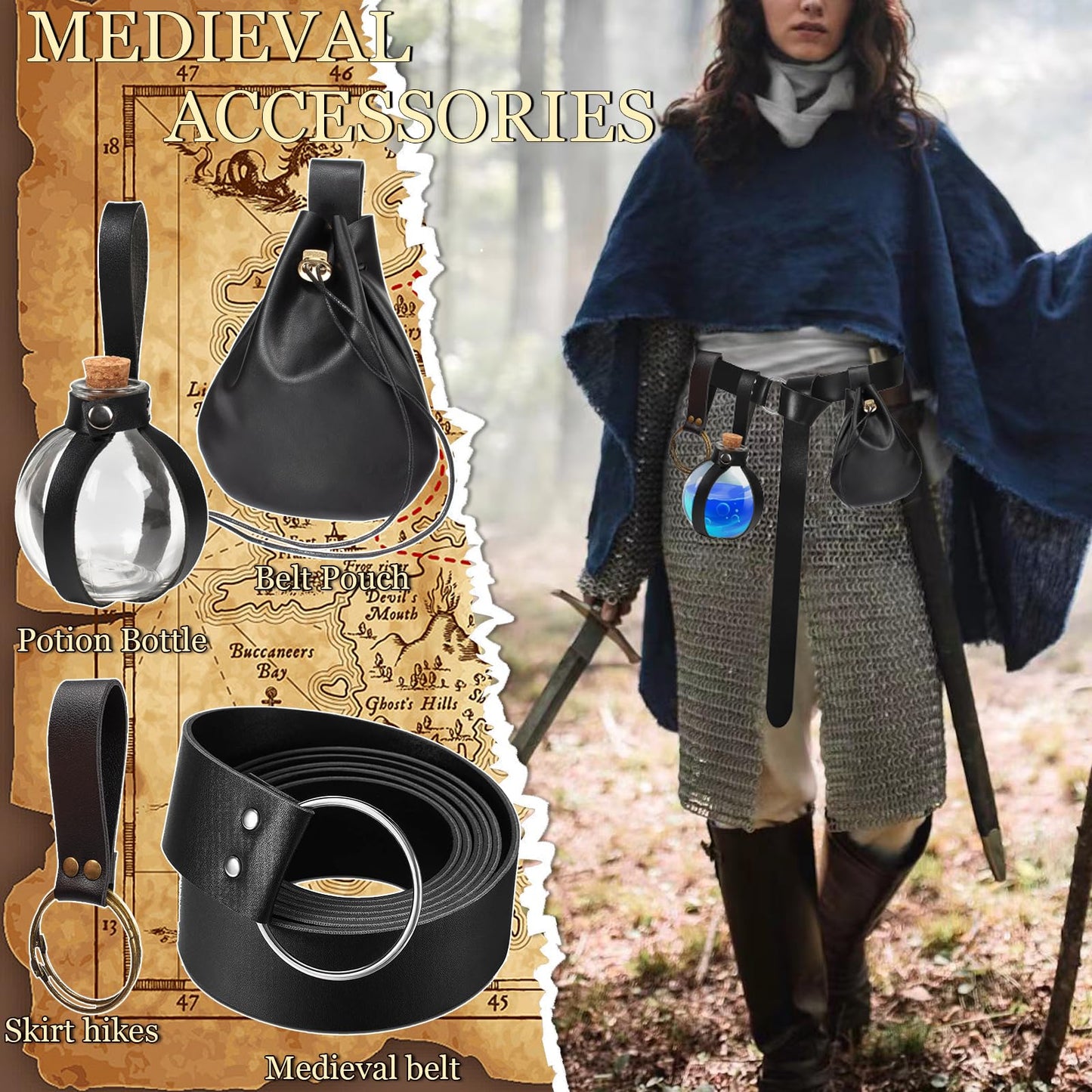 SUMGOGO 4 Pcs Halloween Renaissance Belt Pouch Witch Bottle Skirt Hikes Medieval Viking Pirate Leather Belt Costume Set (Black)