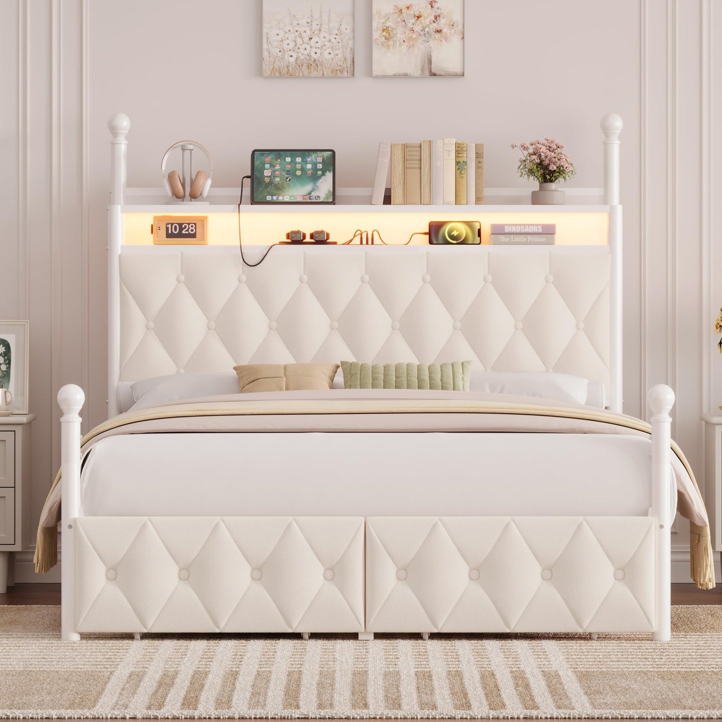 HIFIT Queen Size Upholstered LED Canopy Bed Frame with Storage and Charging Station, Button Tufted Storage Headboard with Bookshelf, Two-Use Metal Platform Bed with 4 Removable Post & 2 Drawers, Biege