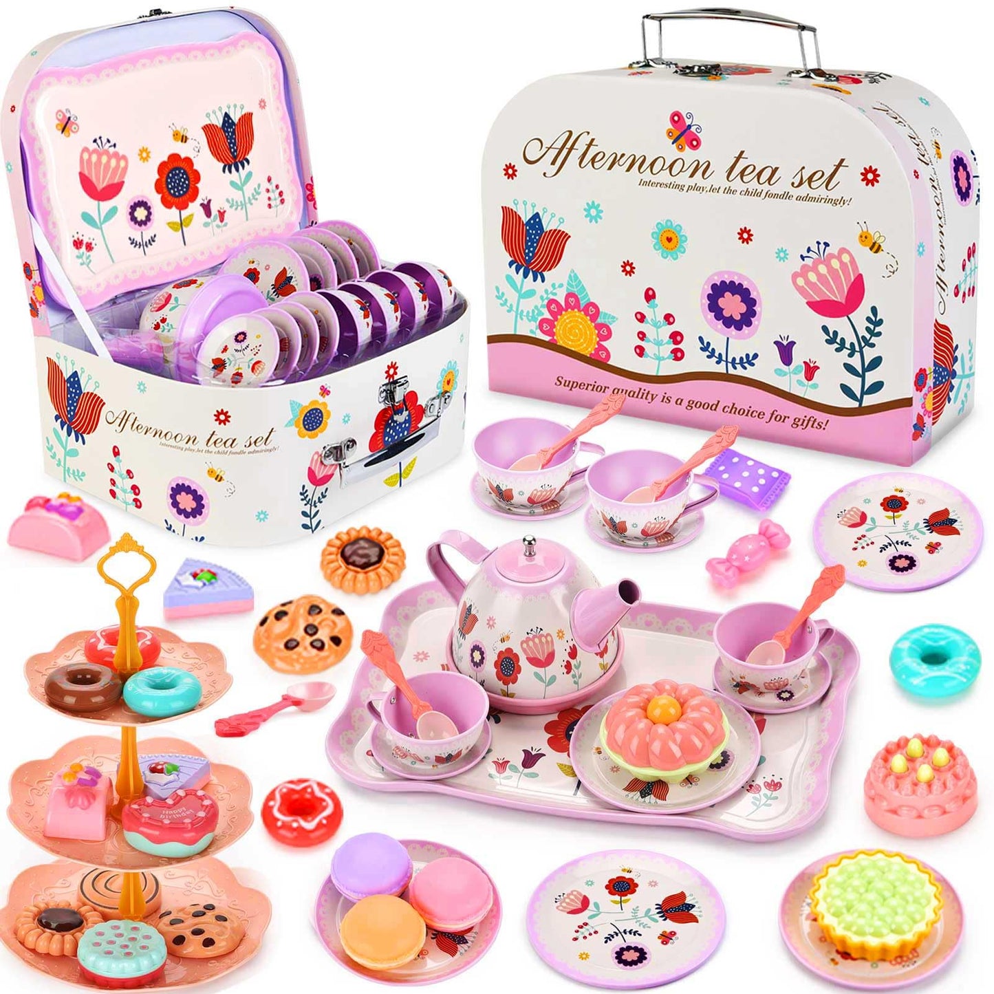 Lajeje Tea Party Set for Toddlers & Little Girls Ages 3-6 – Princess Pretend Play Kitchen Toy with Tin Tea Set, Desserts & Carrying Case