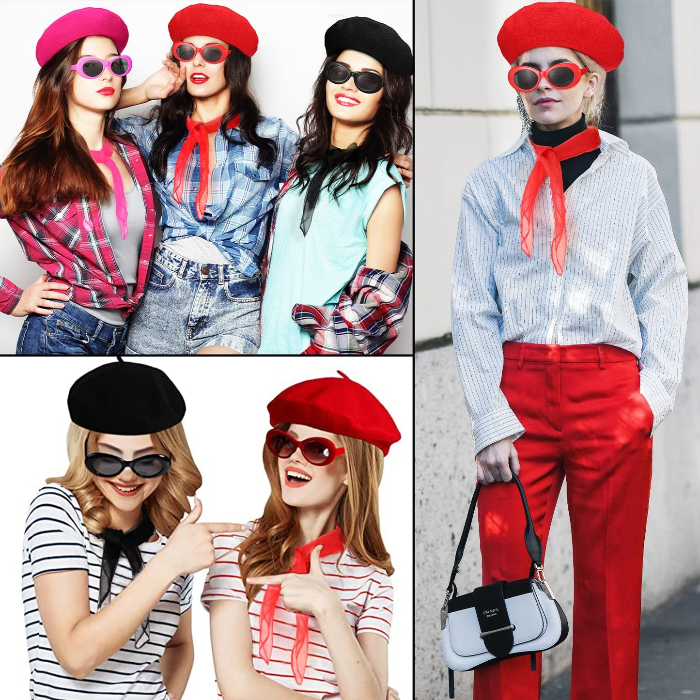 Laumoi 12 Pieces Women's 1950s Mime Costume Set - Beret Hat, Scarf, Gloves, Retro Sunglasses for Halloween Themed Party