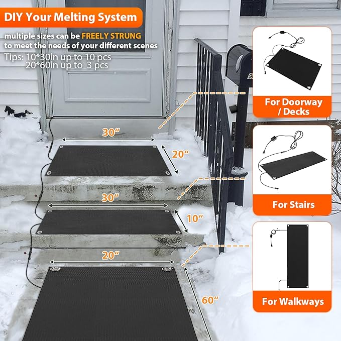 mestyl Heated Snow Melting Mats Outdoor, 10 x 30 Inch Heated Outdoor Mats, Snow and Ice Melting Mats No-Slip Winter Outdoor Heated Mats for Stair, Walkway, Steps, Sidewalks, Decks, Driveway, 3Pcs