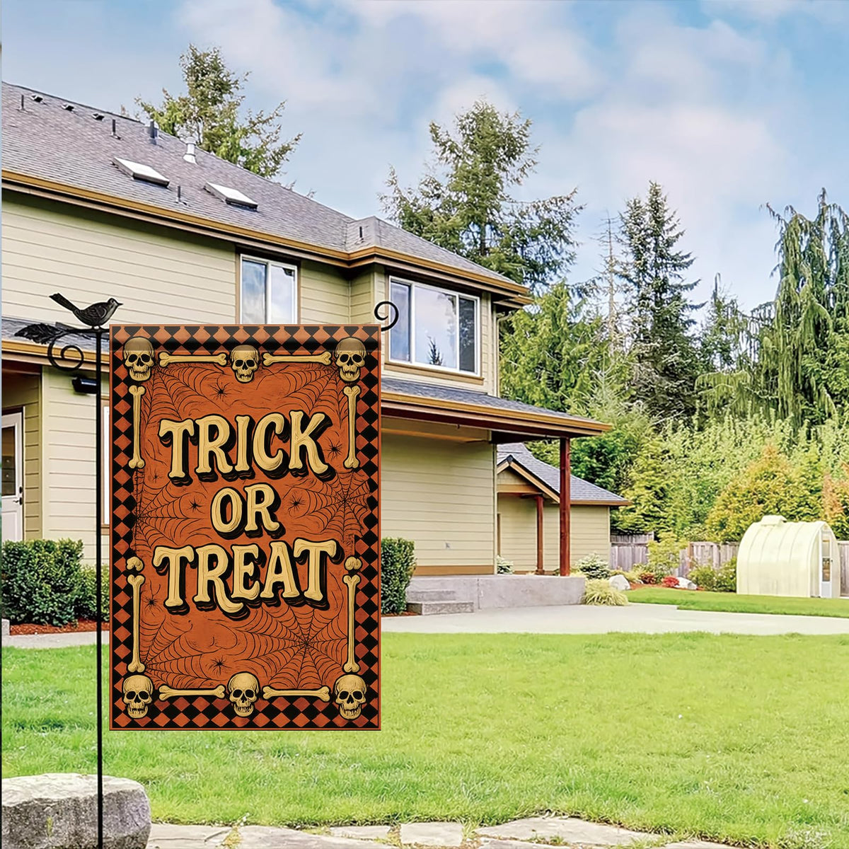 Saoplasa Halloween Garden Flag Trick or Treat Skulls Spider Webs Flag 12x18 Inch Double Sided Outdoor Yard Banner for Halloween Haunted House Spooky Trick or Treat Decoration Decor