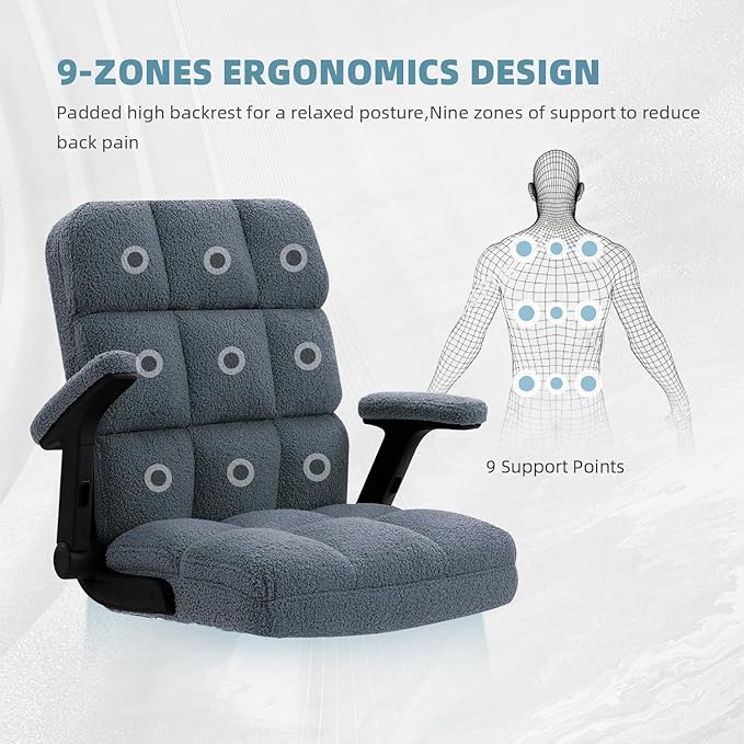 SEATZONE Blue Office Chair with Wheels,Ergonomic Home Office Computer Chair with Flip-up Armrest,Comfy Adjustable Rolling Chair Teddy Fleece