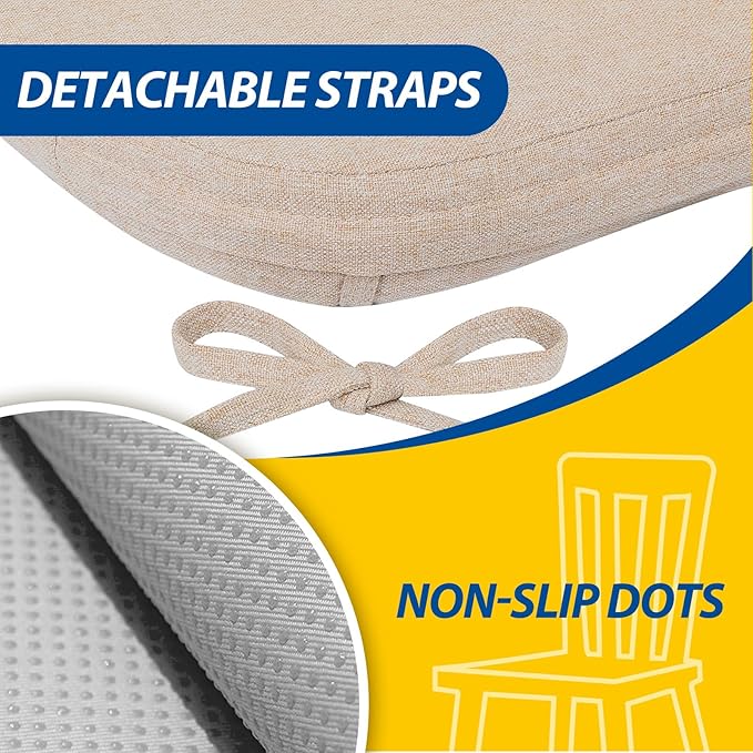 AAAAAcessories D-Shaped Chair Cushions, 2" Thick Dining Chair Pads with Ties and Removable, Machine-Washable Cover, 17" x 16", Set of 2, Oatmeal Beige