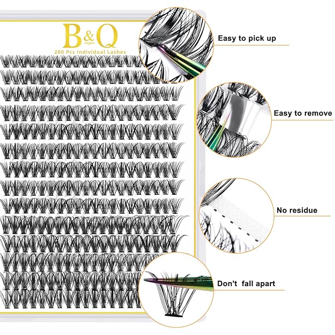 B&Q Lash Clusters 280PCS Natural Eyelash Clusters 40D C 13mm Individual Lash Wispy Eyelash Extension with Soft Thin Band Classic Look Pestañas Postizas Comfortable DIY at Home(40D-C-13mm)