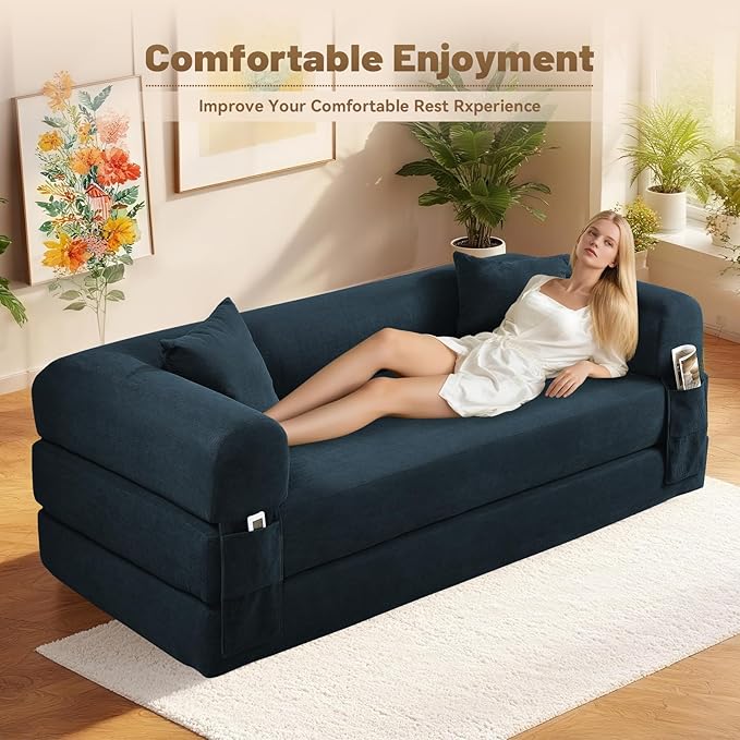 GJQ Convertible Futon Sofa Bed,80" Folding Pull Out Couch with Pillows & Storage Pocket, Oversized Queen Sleeper Sofa in a Box,Corduroy Boneless Couch for Living Room,Navy Blue
