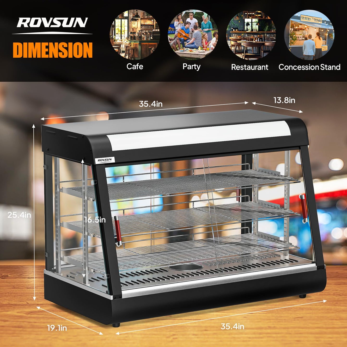 ROVSUN 35" Pizza Warmer Food Warmer Display, 3-Tier Electric Food Warmer Commercial Countertop w/LED Lighting Adjustable Removable Shelves Glass Door, Pretzel Warmer for Buffet Restaurant 1500W