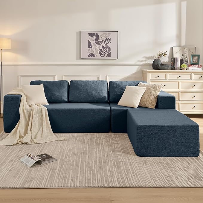 Furnify 106" Modular Sectional Couch Left/Right Facing Convertible, L-Shape Modern Teddy Sofa, Deep Seat Upholstered Foam Couch for Living Room Bedroom, No Assembly Required (Blue, Teddy Boucle)