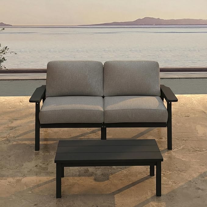 Patio Kingdom Patio Furniture Set 2 Seats, HDPE Outdoor Sectional with Gray Washable Thick Cushions, Coffee Table, Patio Conversation Sets for Lawn, Garden, Porch, Balcony, Deck (Black Frame)