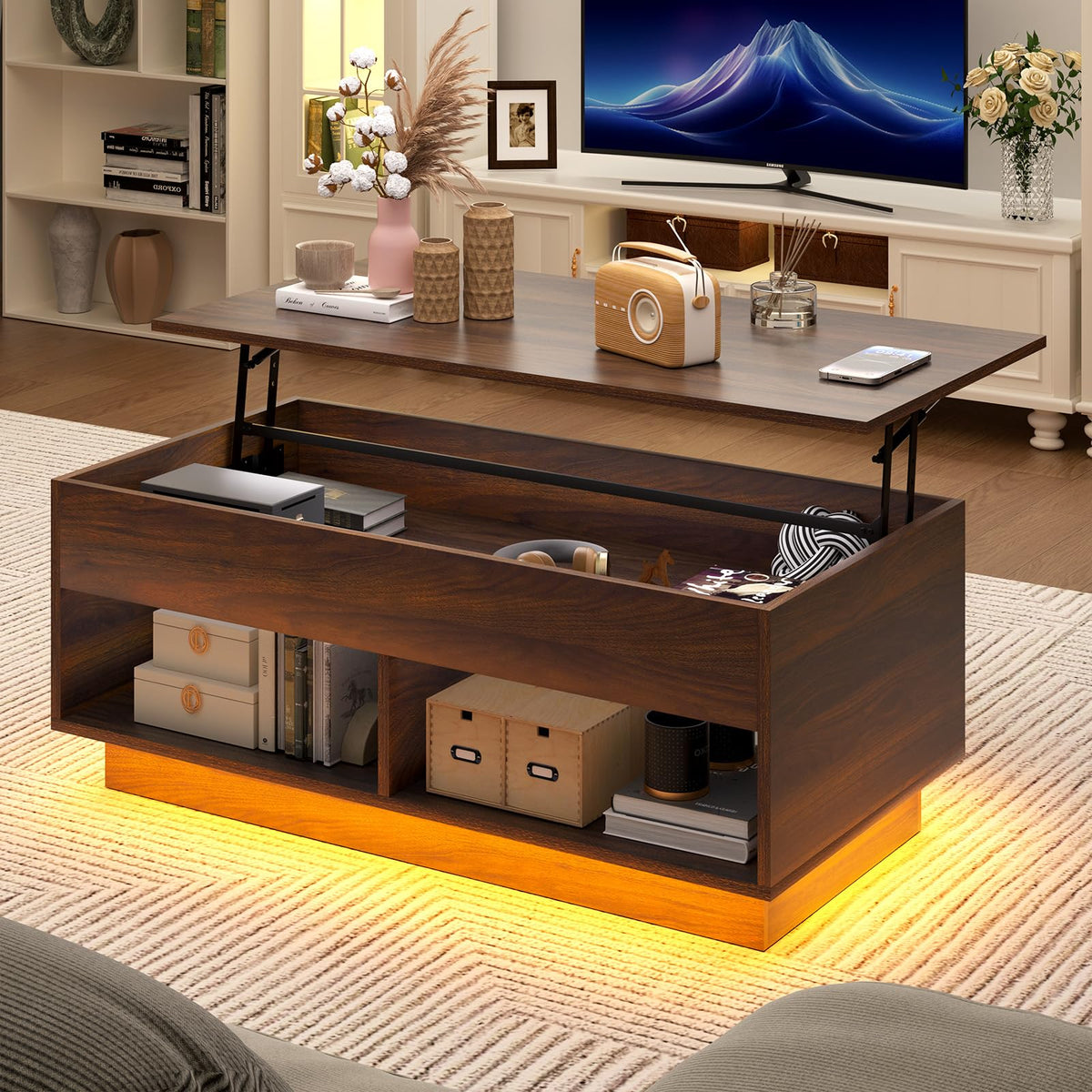 HOMMPA Modern Lift Top Coffee Table with Storage for Living Room LED Coffee Table Wodden Lift Tabletop Dining Table with Hidden Compartment and Metal Frame, Walnut