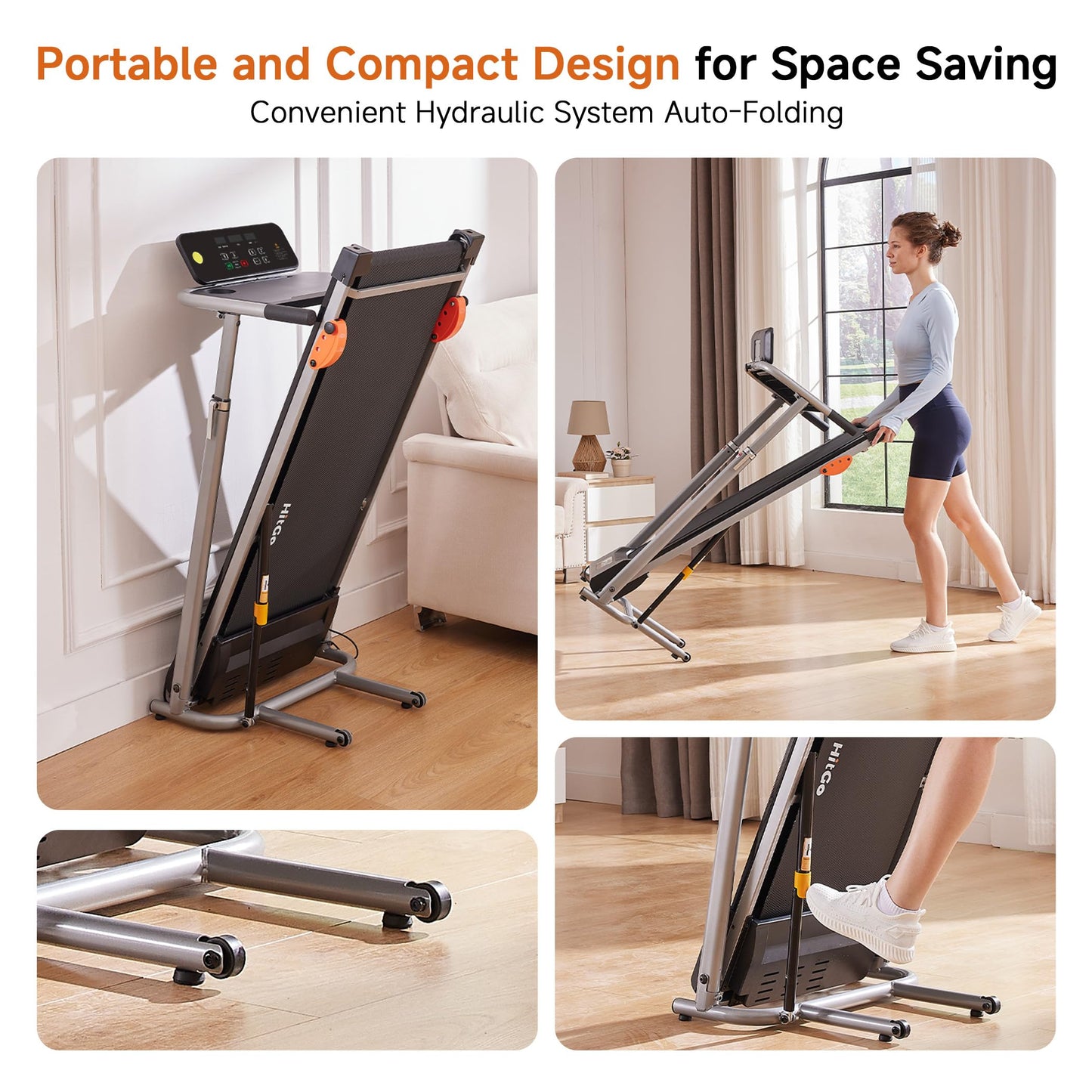 HitGo 2-in-1 Folding Treadmill with Height Adjustable Desk, 8.0 MPH Running Machine, Standalone Workstation Treadmill, Pneumatic Vertical Folding, FitShow/Kinomap, 265lbs Capacity,Black