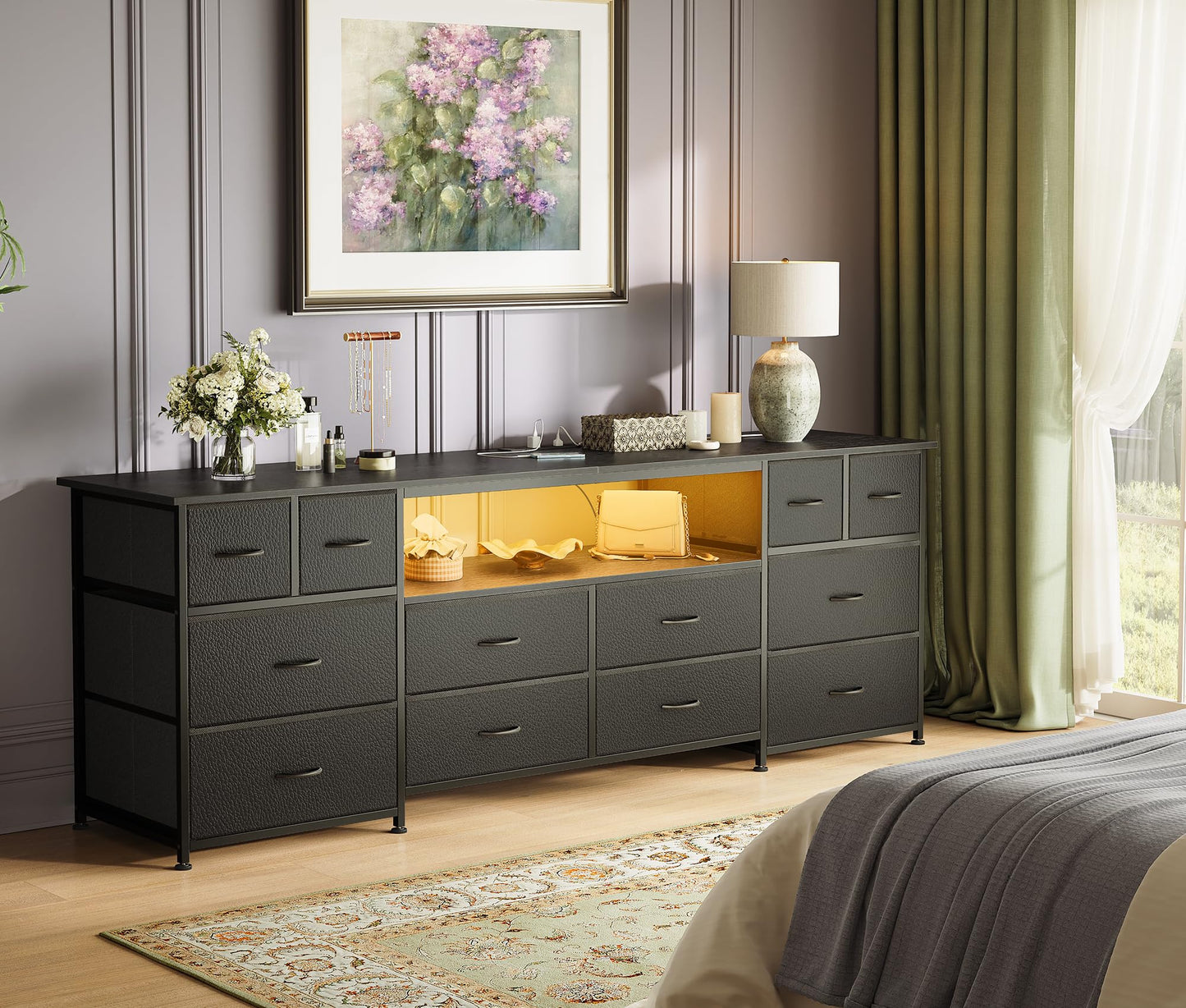 Huuger 63 Inch Dresser TV Stand with LED Lights, Power Outlets and USB-C Port, 12 Fabric Drawer Dresser for Bedroom, Wide Entertainment Center for 65, 70 Inch TV, Open Shelf, Black